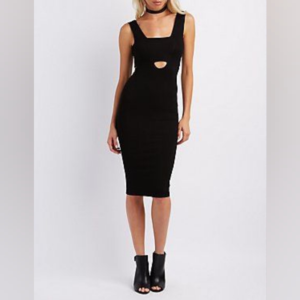 Charlotte Russe Ribbed Cut-Out Bodycon Midi Dress Black Size: Small